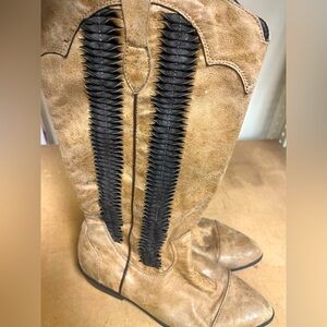 1-bootie/moccasin style. 1-cowboy boot style. 1-tall, suede, fringe boot.